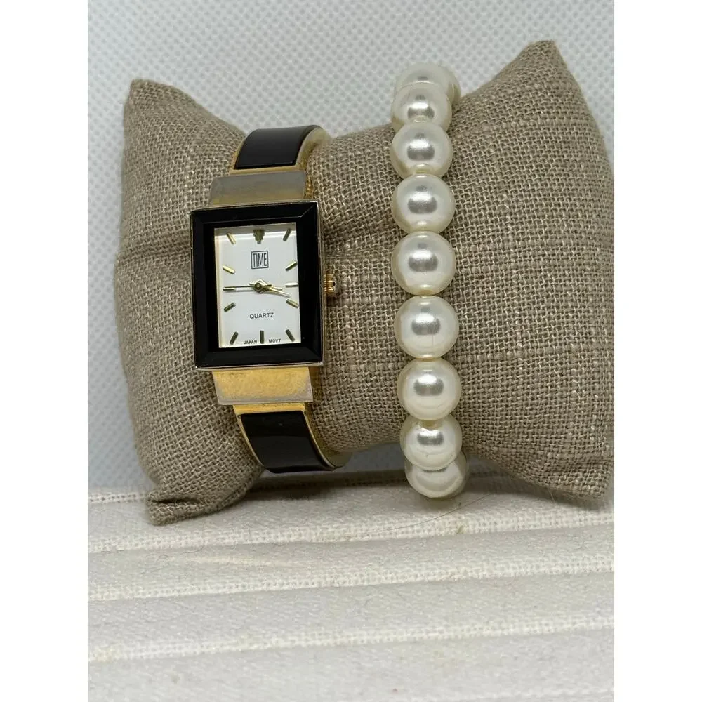 Vintage TIME Watch & Faux Pearl Bracelet Set Gold Cuff Quartz